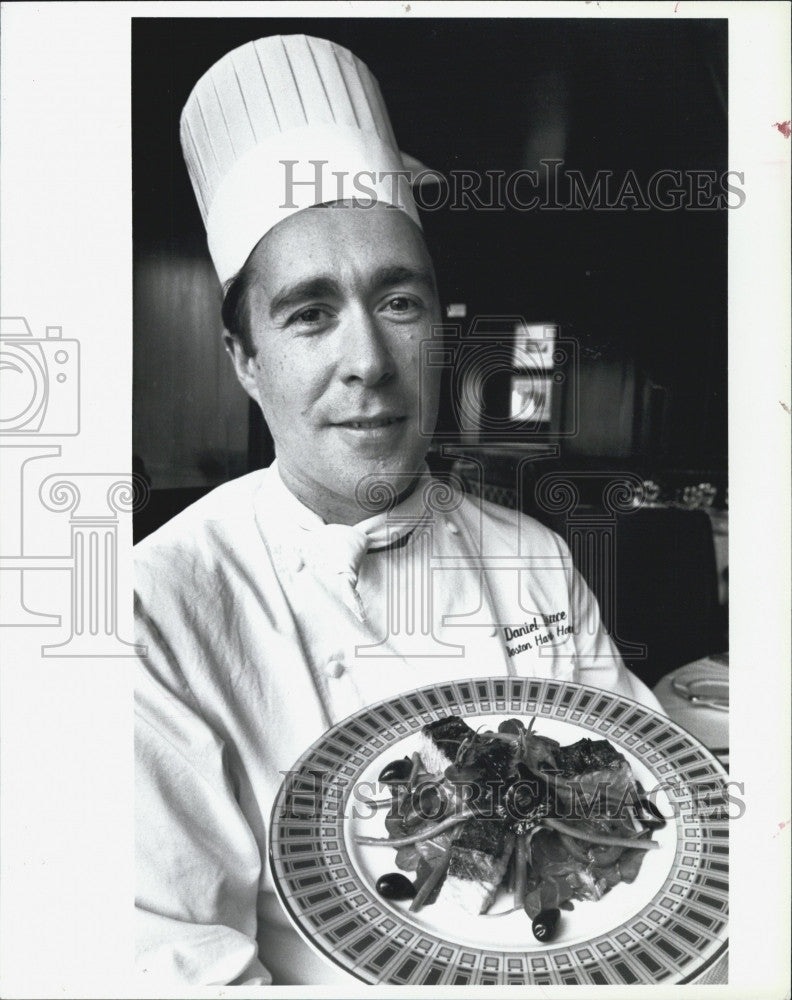 1995 Press Photo Chef Daniel Bruce  &amp; salmon &amp; arugula dish - Historic Images