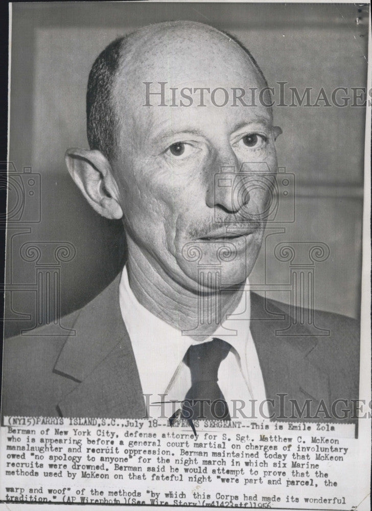 1956 Press Photo Emile Zola Berman Defense Attorney for Staff Sgt Matthew McKeon - Historic Images