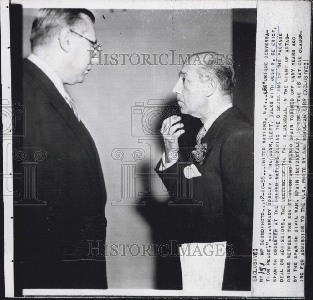 1955 Press Photo Arkady Sobolev of Russia &amp; Jose De Erice of Spain - Historic Images