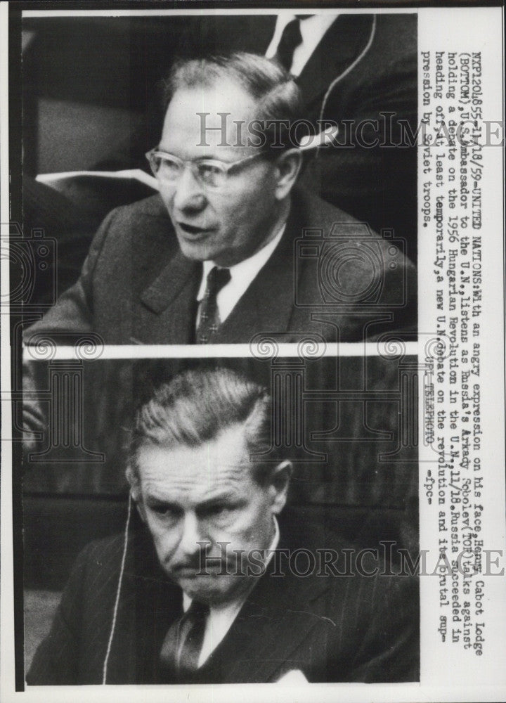 1959 Press Photo Henry Cabot Lodge US Ambassador to UN Discussing Hugarian Revol - Historic Images