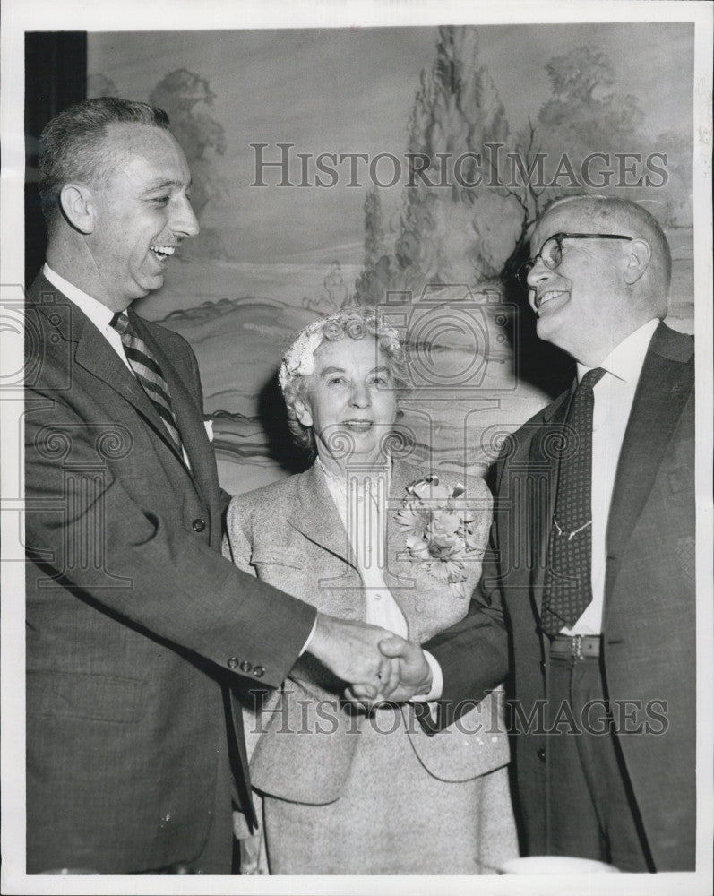 1957 Press Photo Harold Churchill, wife, Larry Doherty at retirement party - Historic Images