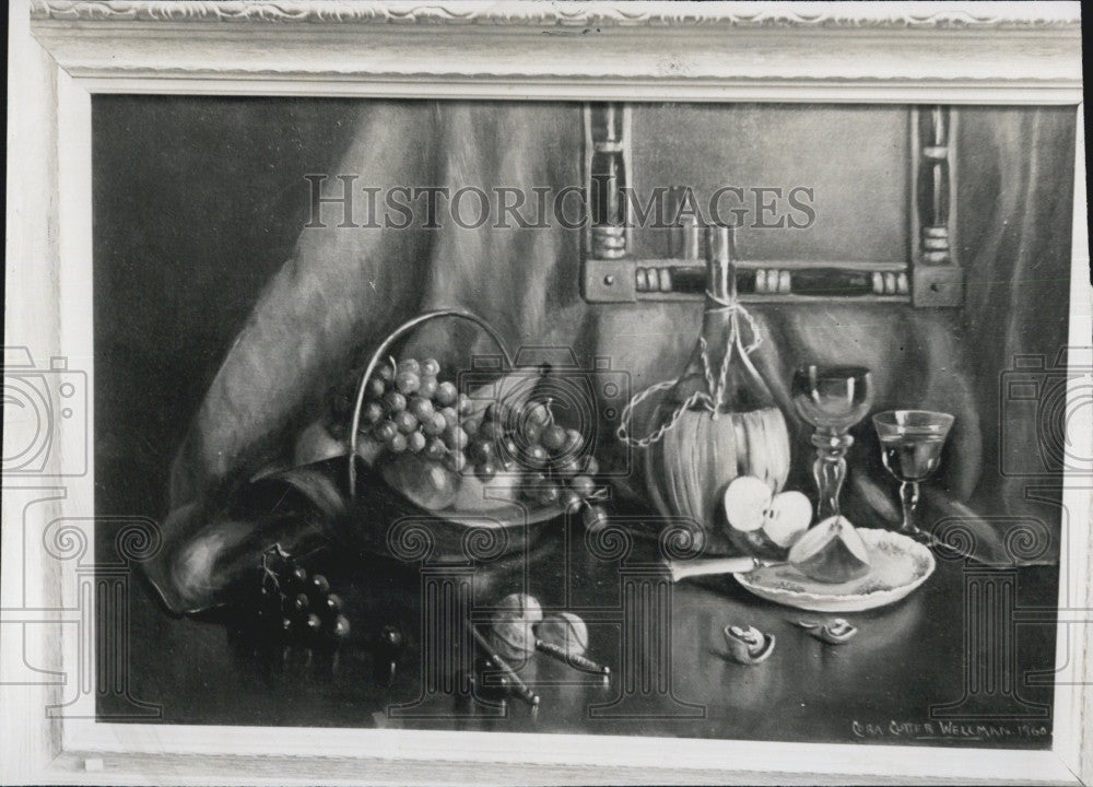 1962 Press Photo Wine Decanter &amp; Apples In Painting By Cora Cutter Of Melrose - Historic Images