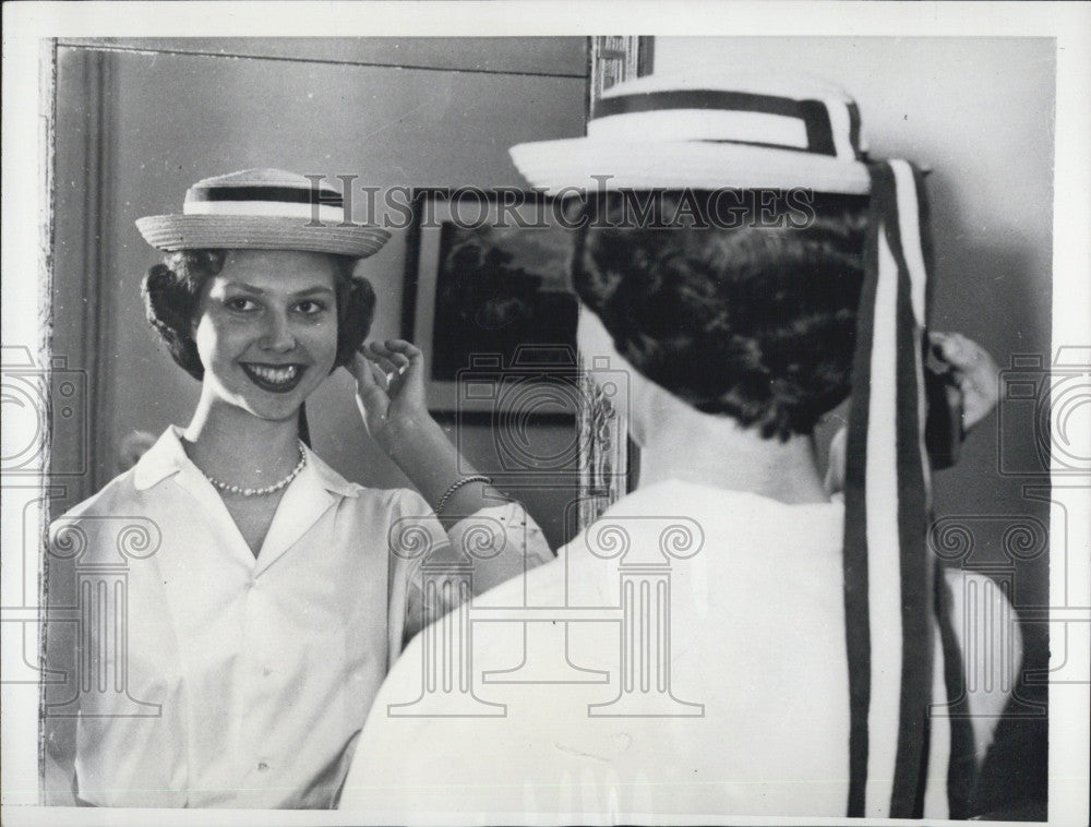 1956 Press Photo Princess Desiree Of Sweden Tries On School Hat For Graduation - Historic Images