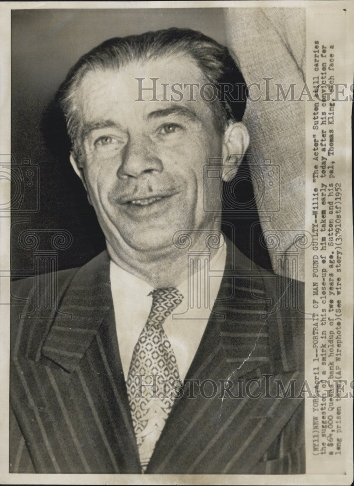 1952 Press Photo Willie &quot;The Actor&quot; Sutton,bank robber - Historic Images