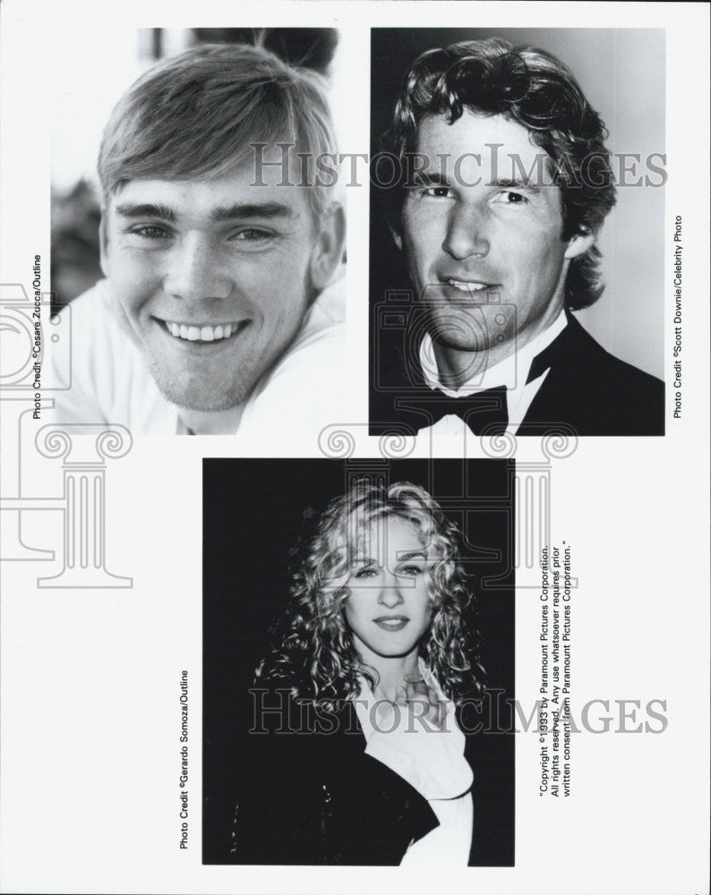 1993 Press Photo Actors. Rick Schroeder,Richard Gere &amp; Sarah Jessica Parker - Historic Images