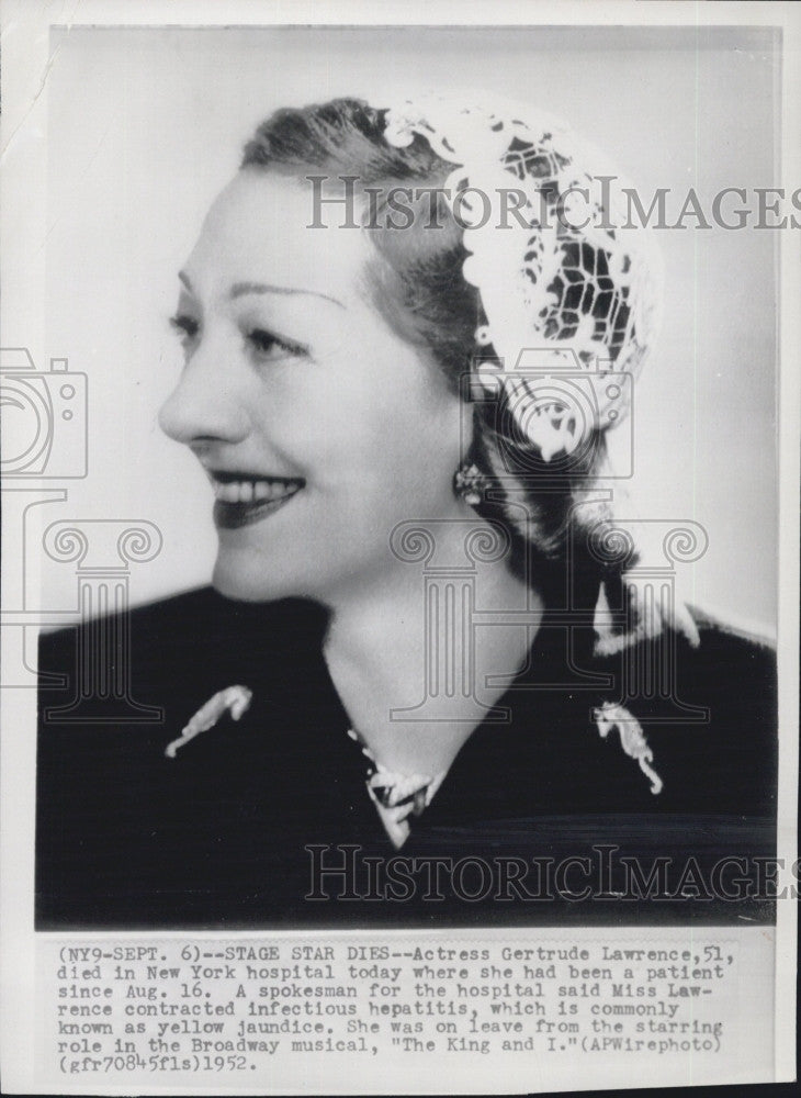 1952 Press Photo Actress Gertrude Lawrence Dies - Historic Images