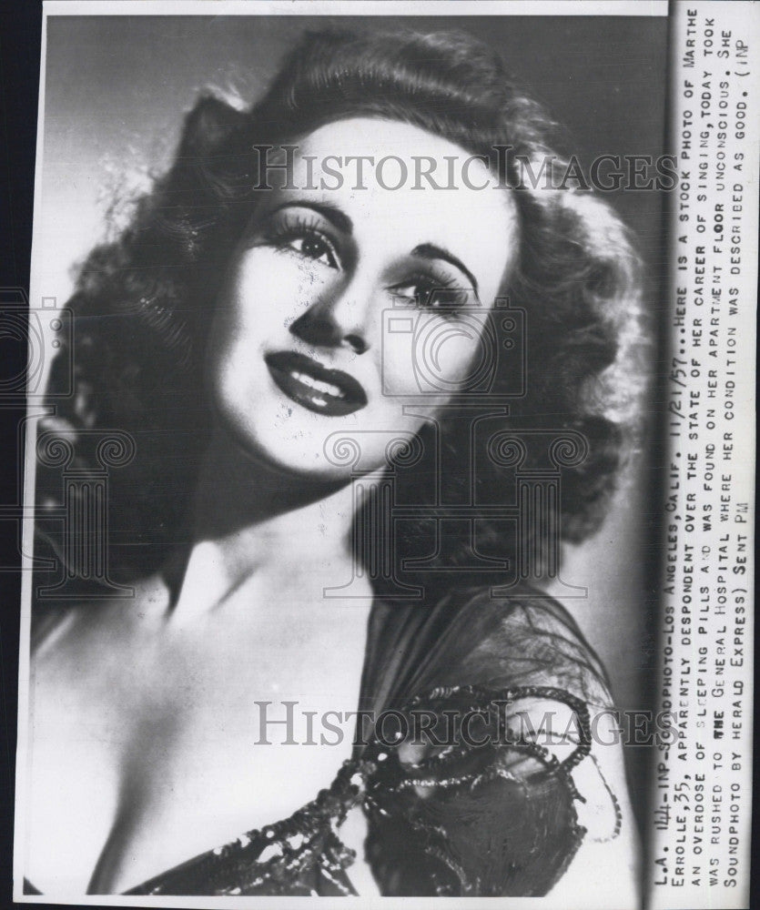 1957 Press Photo Actress and Songstress Martha Errolle attempts suicide - Historic Images