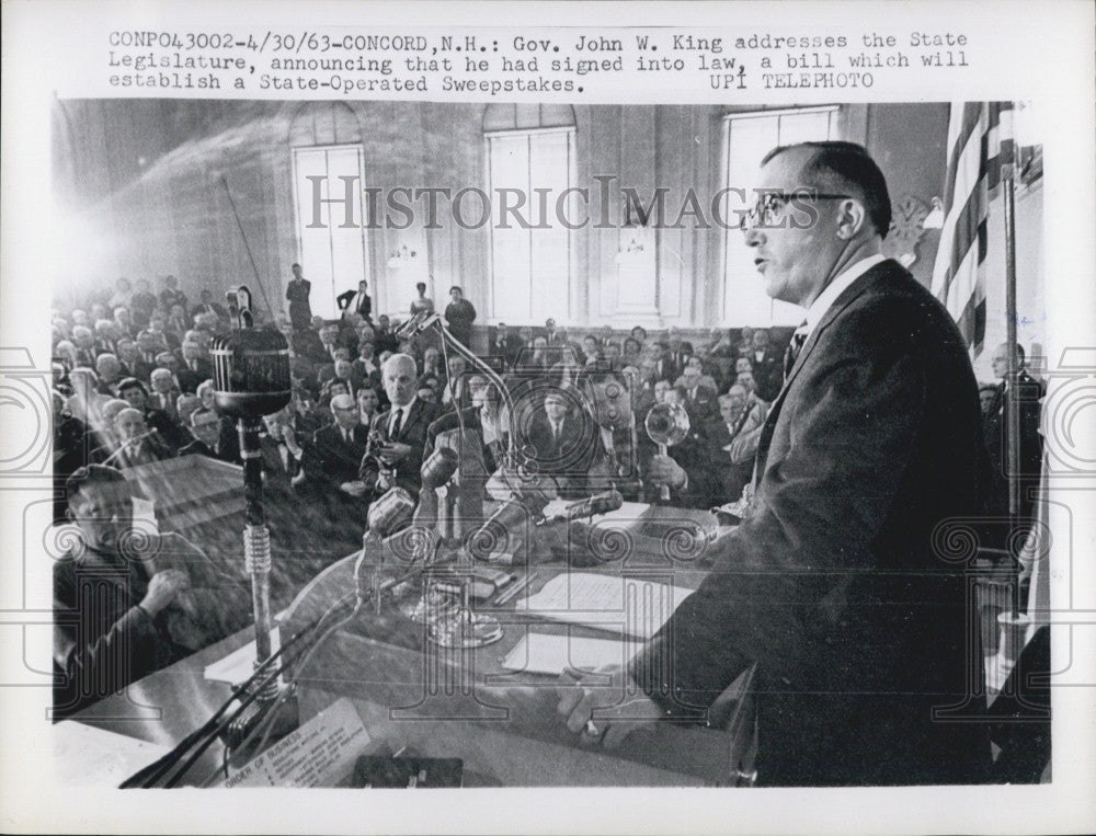 1963 Press Photo Gov. John W. King addresses State Legislature about new bill - Historic Images