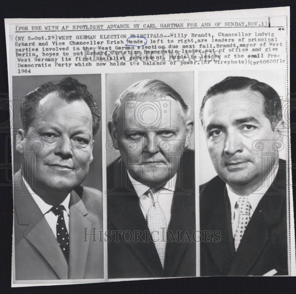 1964 Press Photo W German pols Willy Brandt,Erich Mende & Erhardt Chris - Historic Images
