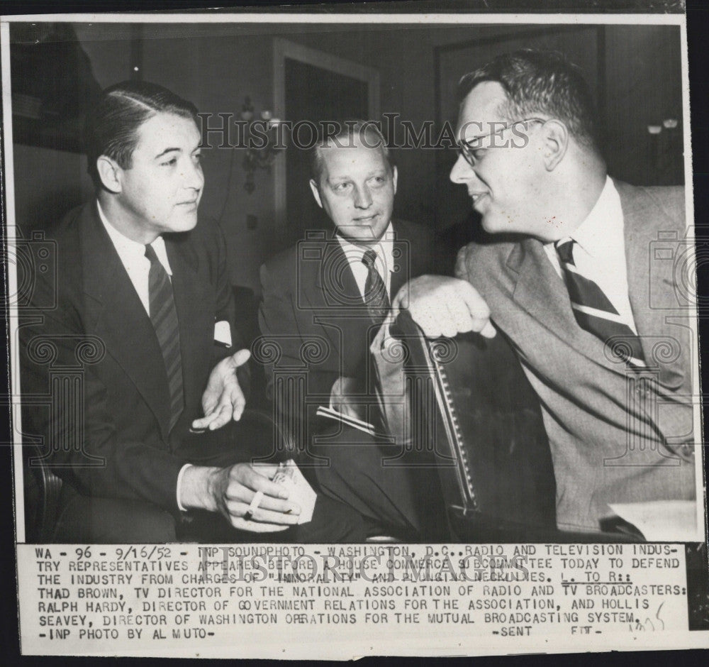 1952 Press Photo Radio and TV  Thad Brown, Ralph Hardy and Hollis Seavy before - Historic Images