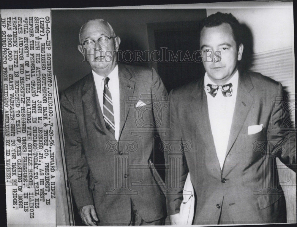 1956 Press Photo Edward Hintz resign bank Pres atty John LeonardJr Federal Grand - Historic Images