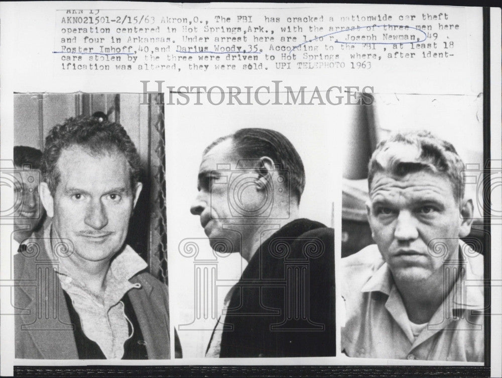 1963 Press Photo Three men arrested in AR with car theft operation, Joseph - Historic Images