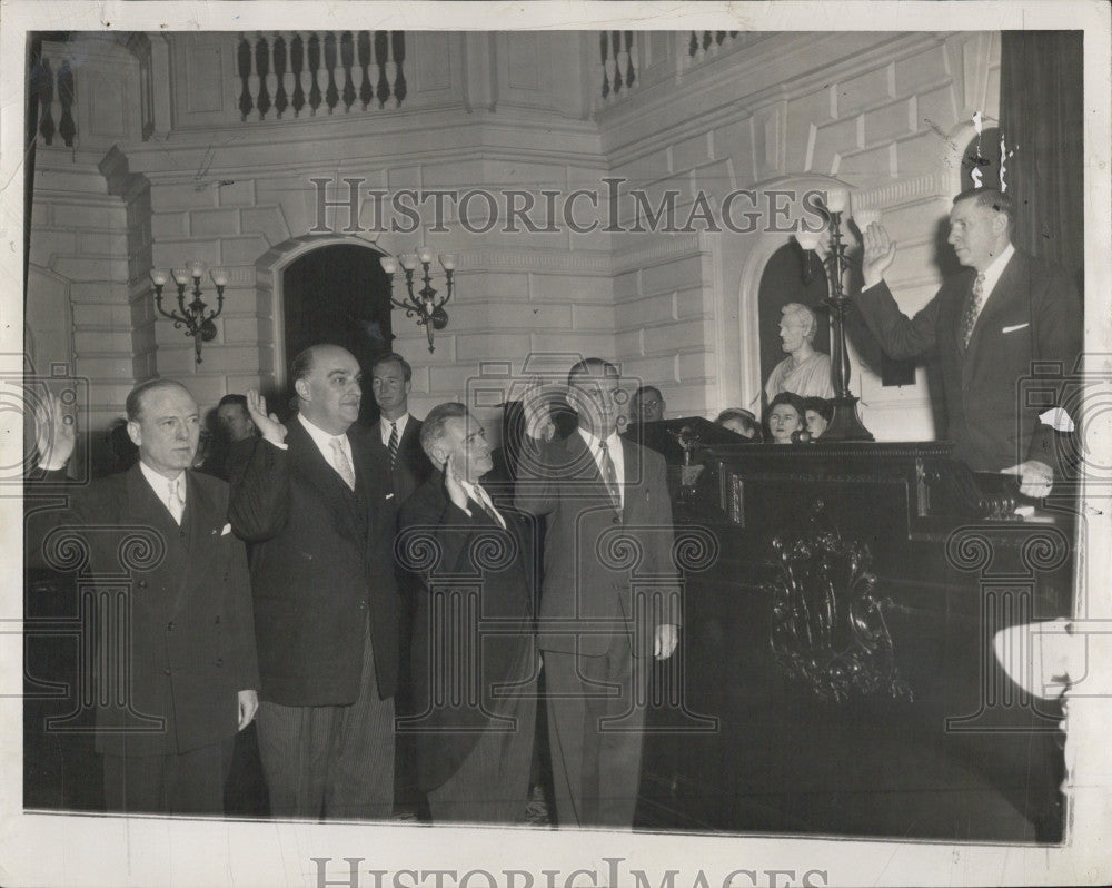 1957 Press Photo Sworn in Thomas J Buckley MA Auditor Atty Gen Fingold - Historic Images