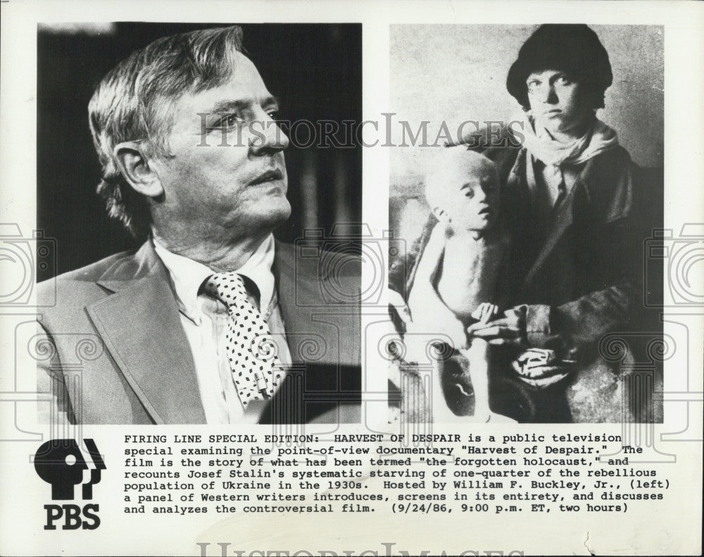1986 Press Photo William F. Buckley, Jr. in "Harvest of Despair" Documentary - Historic Images