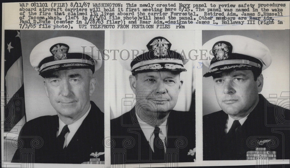 1967 Press Photo Retired Adm. J. Russell, Rear Adm. P. Buie, Rear. Adm. Holloway - Historic Images