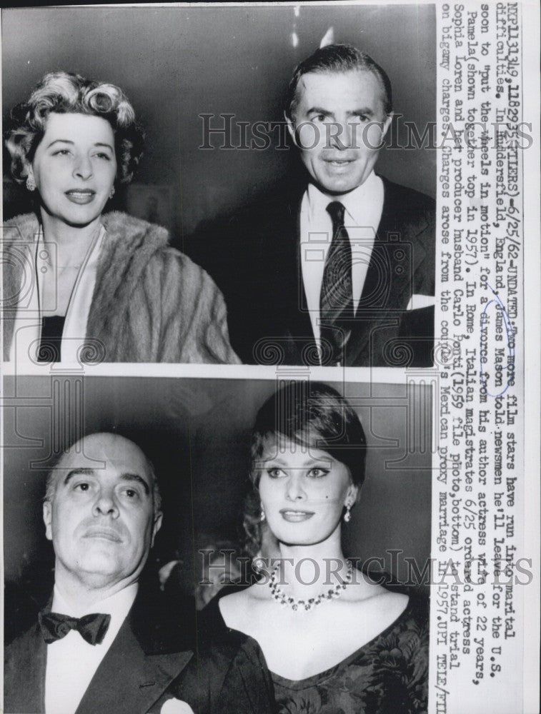 1962 Press Photo Film Stars James Mason divorces wife Pamela Sophia Loren - Historic Images