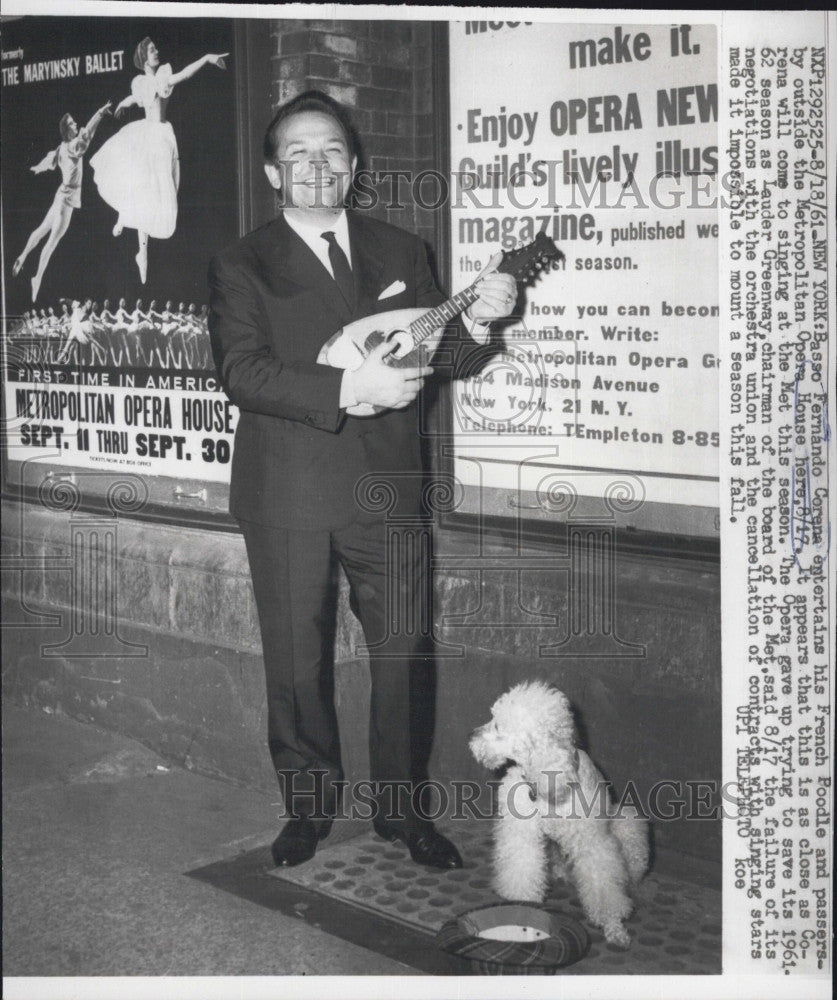 1961 Press Photo Basso Fernando Corena w/ French Poodle outside Opera House - Historic Images