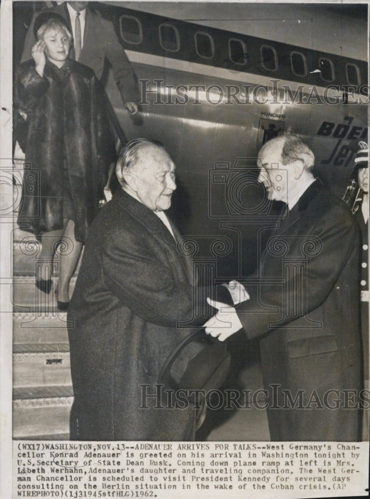1962 Press Photo West Germany Chancellor Konrad Adenauer &amp; State Sec. Dean Rusk - Historic Images