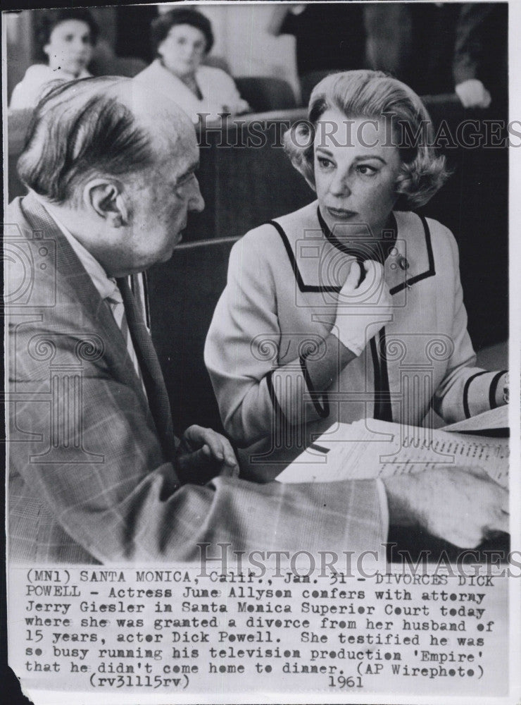 1961 Press Photo Actress June Allyson, Attorney Jerry Giesler in Divorce Court - Historic Images