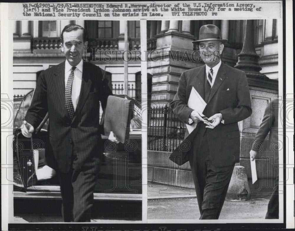 1961 Press Photo Vice Pres Johnson (R) &amp; Edward Murrow (L) Dir of US Info Agency - Historic Images