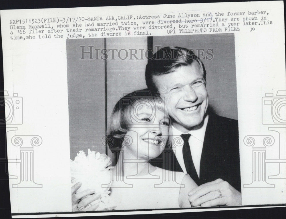 1970 Press Photo Actress June Allyson And Husband Glen Maxwell, Former Barber - Historic Images