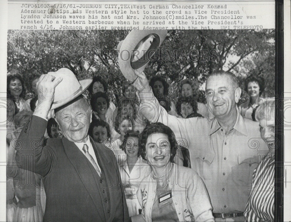 1961 Press Photo W German Chancellor K Adenauer &amp; VP L Johnson &amp; Mrs Johnson - Historic Images