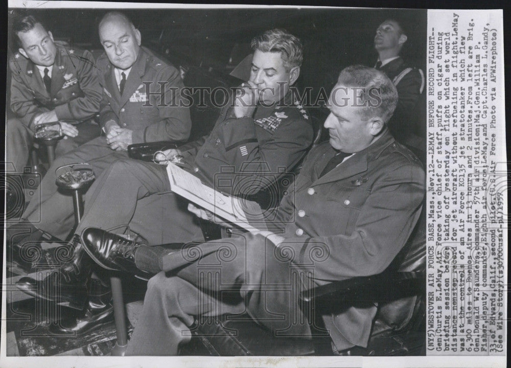 1957 Press Photo  Gen Curtis E. LeMay Maj Gen WP Fisher,Brig Gen DW Saunders, - Historic Images