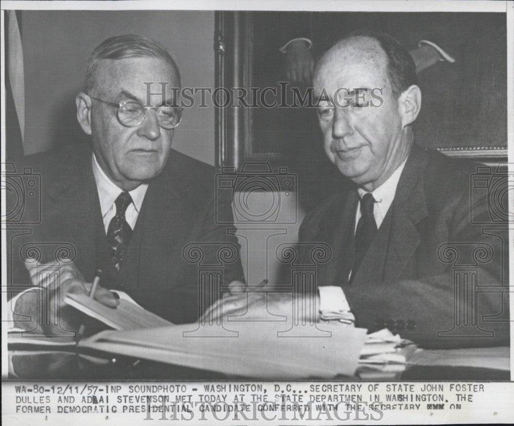 1957 Press Photo Adlai Stevenson &amp; Sec of State  John F Dulles - Historic Images