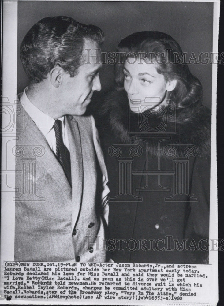 1960 Press Photo Actors Jason Robards and Lauren Bacall to be married - Historic Images