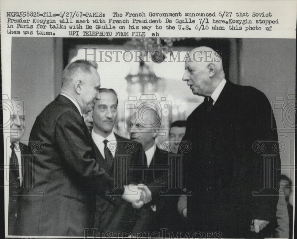 1967 Press Photo Soviet Premier Alexei Kosygin French President De Gaulle - Historic Images