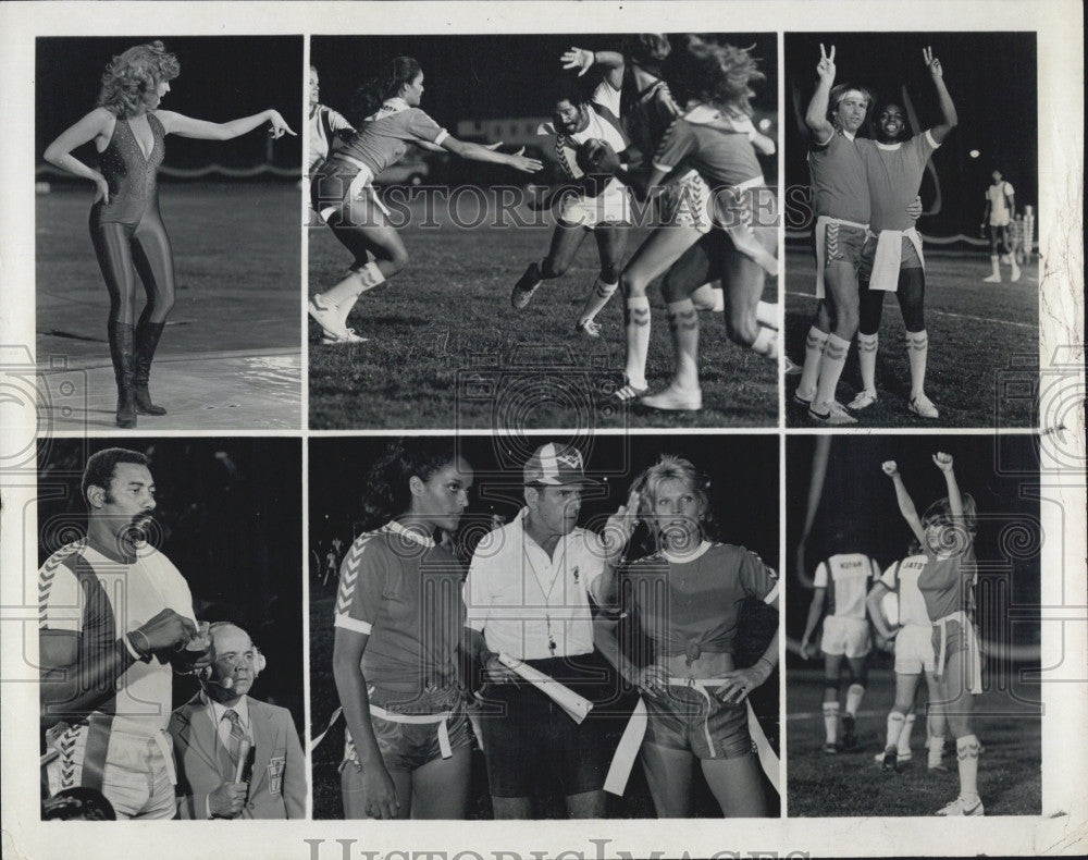 Press Photo Charo Cheers Scoring Play in Celebrity Comedy Football Classic - Historic Images