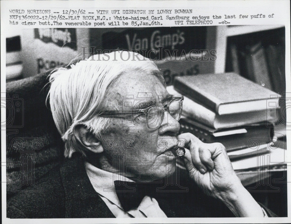 1962 Press Photo White-Haired Poet Carl Sandburg to be 85 Years Old on Jan 6th - Historic Images