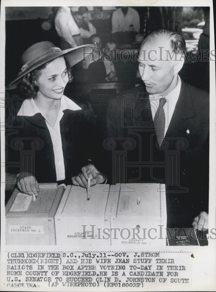 1950 Press Photo Gov Strom Thurmand And Wife Jean In Senate Race - Historic Images