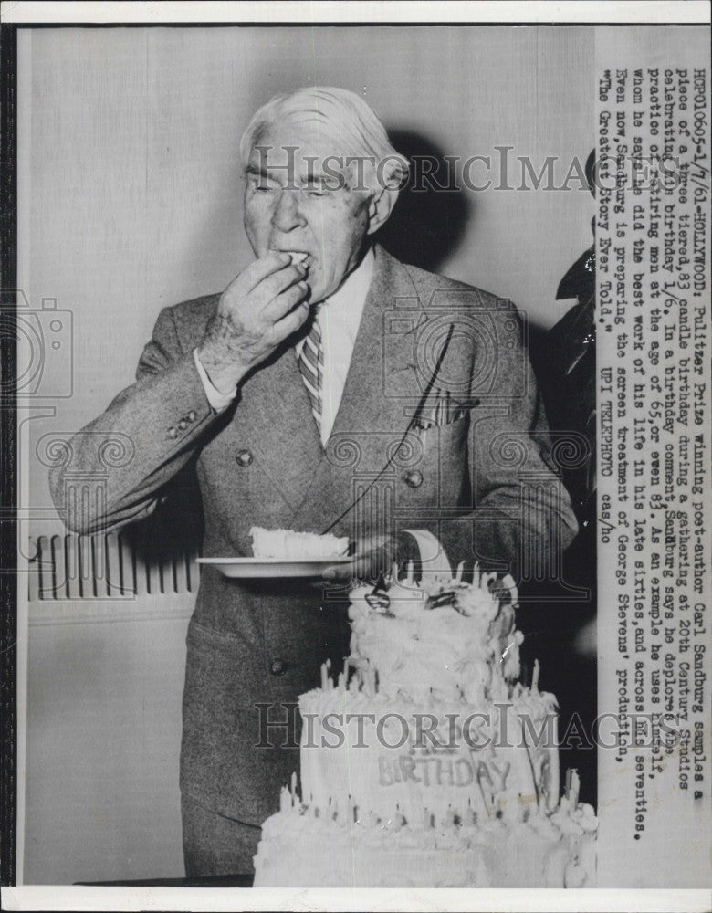 1961 Press Photo Pulitzer Prize Winning Poet-Author Carl Sandburg 83rd Birthday - Historic Images