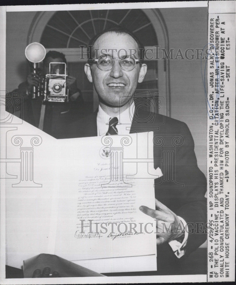 1955 Press Photo Dr Jonas Salk,discovered polio vaccine - Historic Images