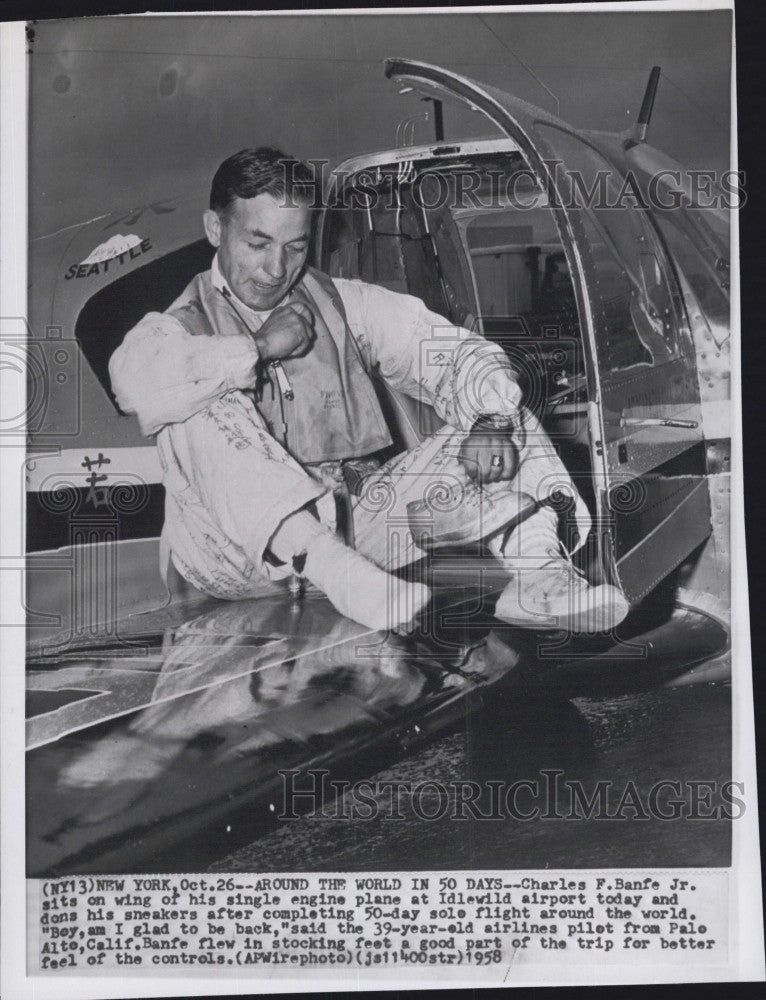 1958 Press Photo Charles F Banfe Jr,50 day solo round the world flight - Historic Images