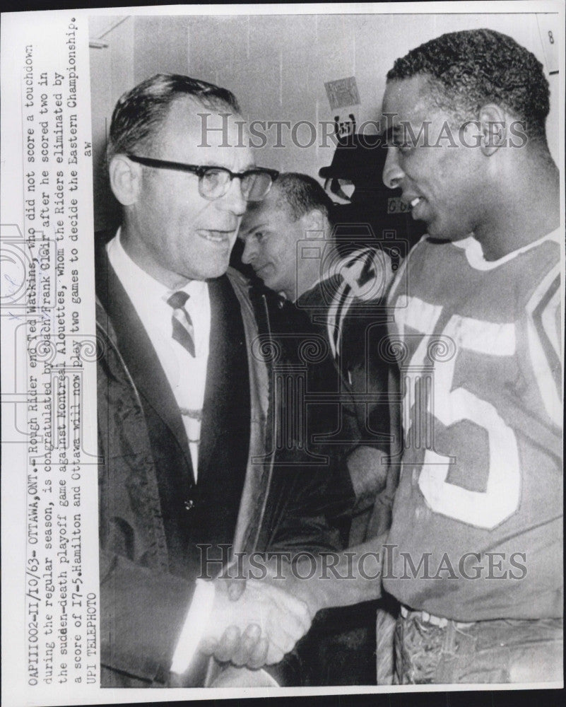 1963 Press Photo Rough Rider Ted Watkins Coach Frank Clair Montreal Alouettes - Historic Images