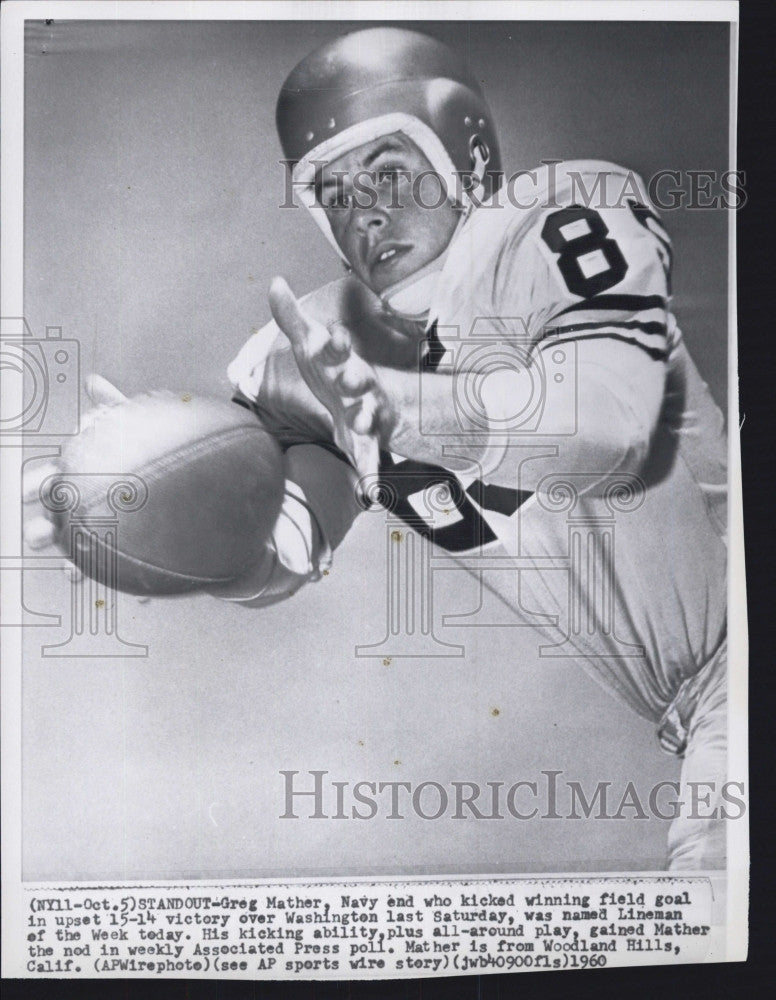 1960 Press Photo Greg Mather, Navy, kicked winning field goal - Historic Images