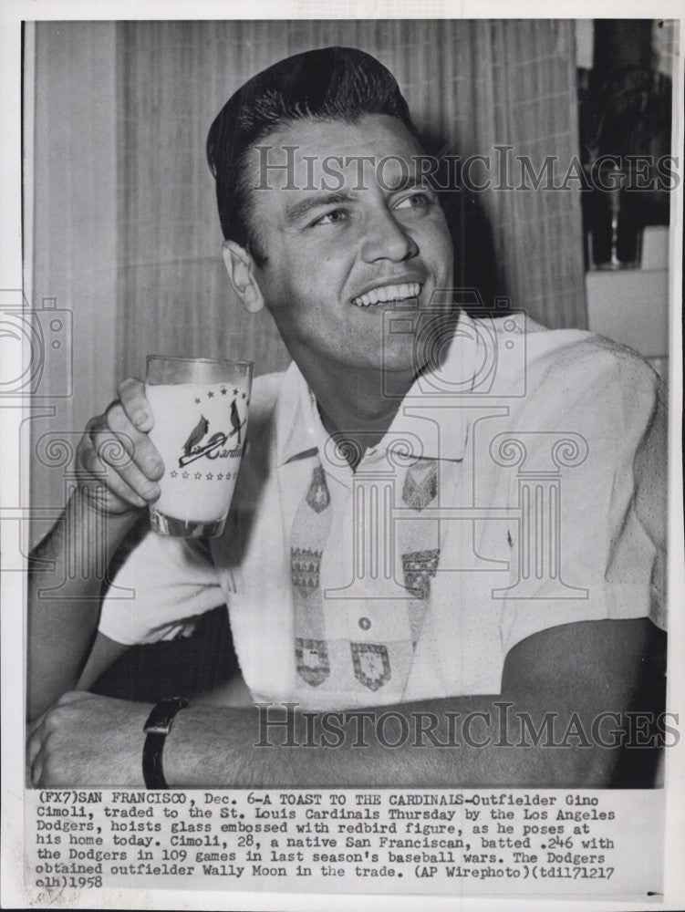 1958 Press Photo Outfielder Gino Cimoli Trades to Cardinals from Dodgers - Historic Images