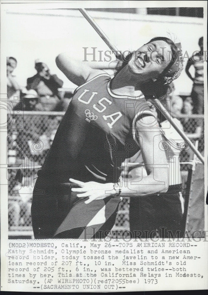 1973 Press Photo Olympic Medalist and American Record Holder Kathy Schmidt broke - Historic Images