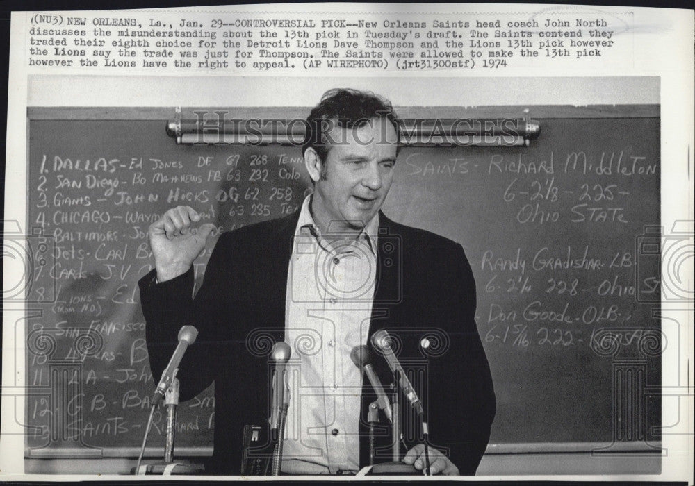 1974 Press Photo New Orleans Saints headcoach John North - Historic Images