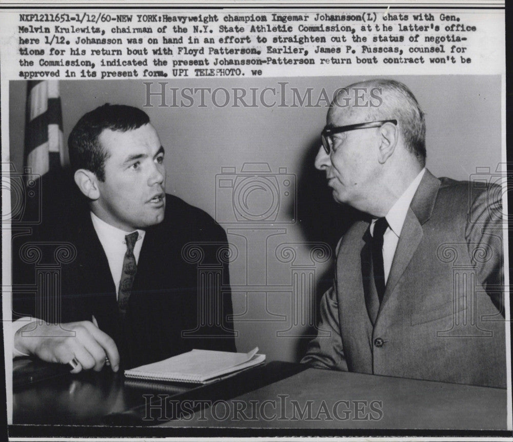 1960 Press Photo Boxing Champ Ingemar Johansson Melvin Krulewitz Fight Promoter - Historic Images