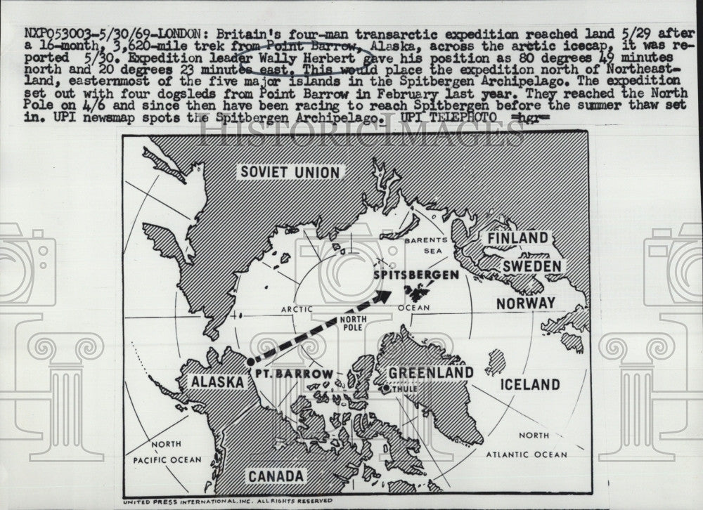 1969 Press Photo Map of Arctic Expedition of Wally Hebert Port Barrow Alaska - Historic Images