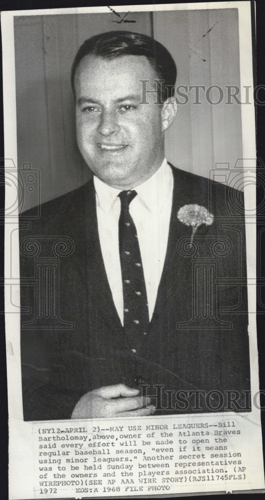 1974 Press Photo Bill Batholomay Atlanta Braves Owner Baseball - Historic Images