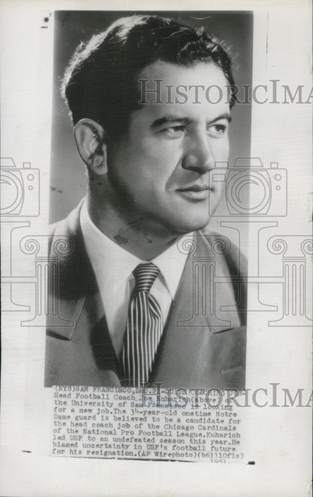 1951 Press Photo Football Coach Joe Kuharich San Francisco University - Historic Images