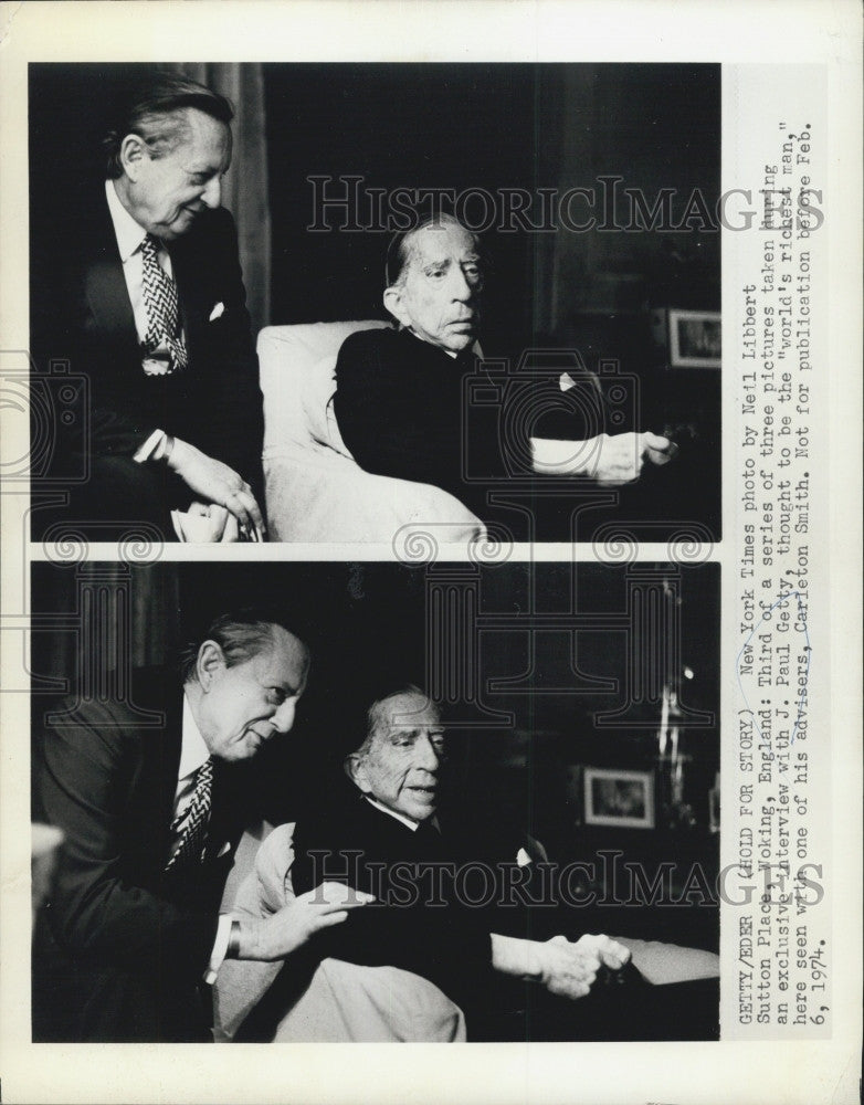 1974 Press Photo J. Paul Getty &amp; an adviserC SMith - Historic Images