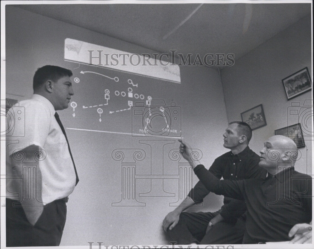 1965 Press Photo G Dickson,Ray Malavasi & Tom Janik of Broncos - Historic Images