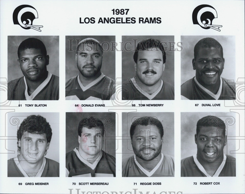 1987 Press Photo Los Angeles Rams tony Slaton Donald Evans Tom Newberry - Historic Images