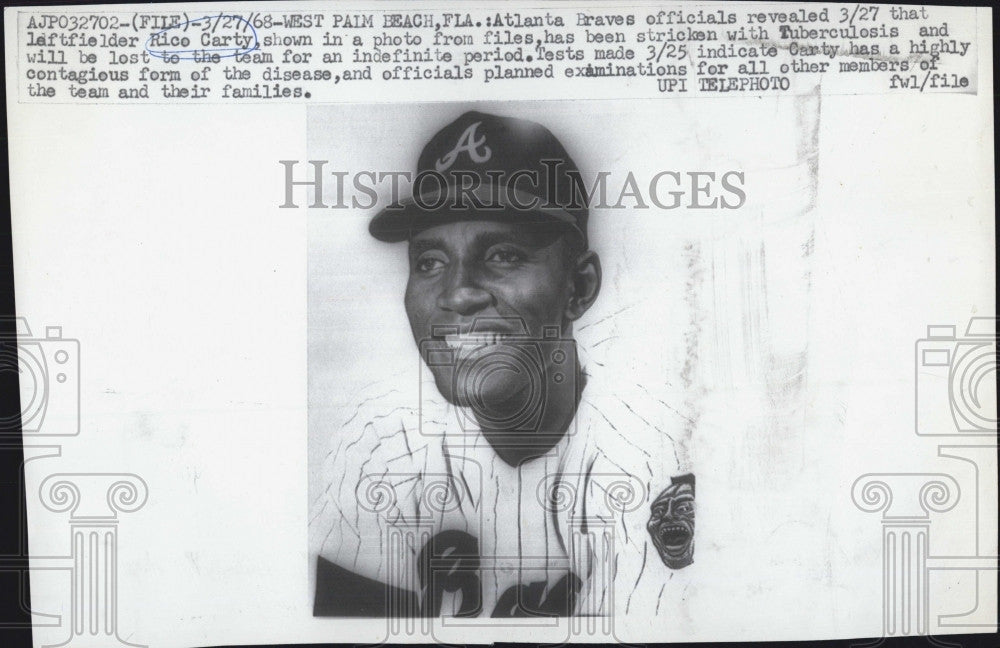 1968 Press Photo Left fielder Rice Carty of Atlanta Braves - Historic Images