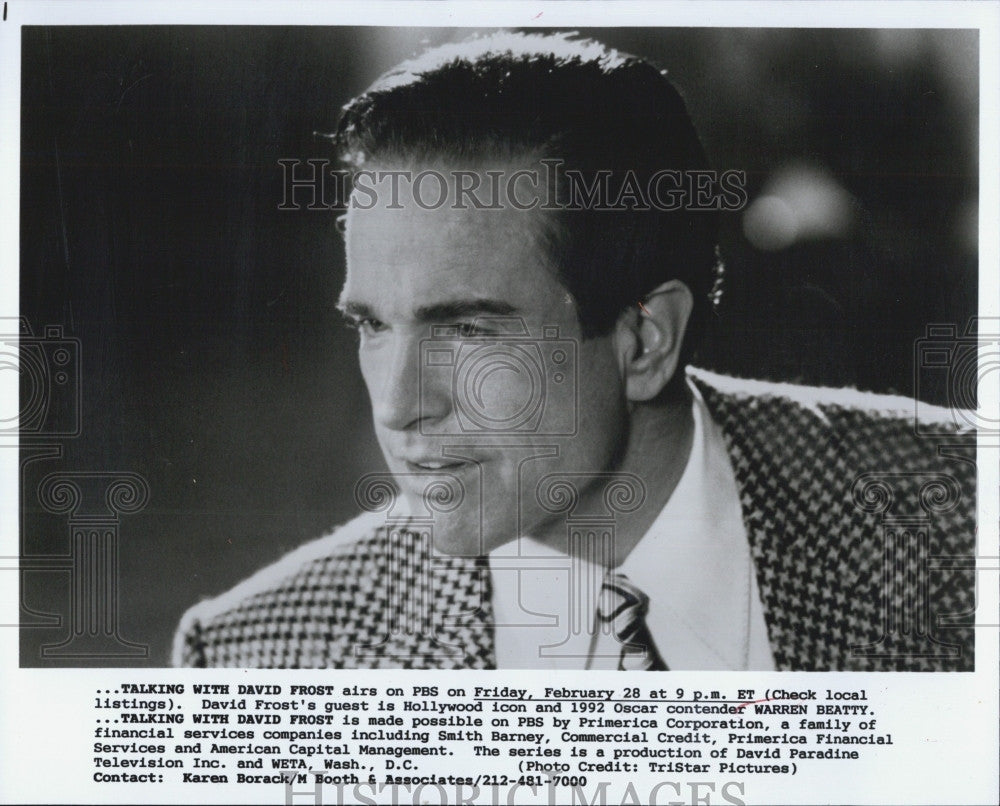 1992 Press Photo Actor Warren Beatty on &quot;Talking with David Frost&quot; - Historic Images